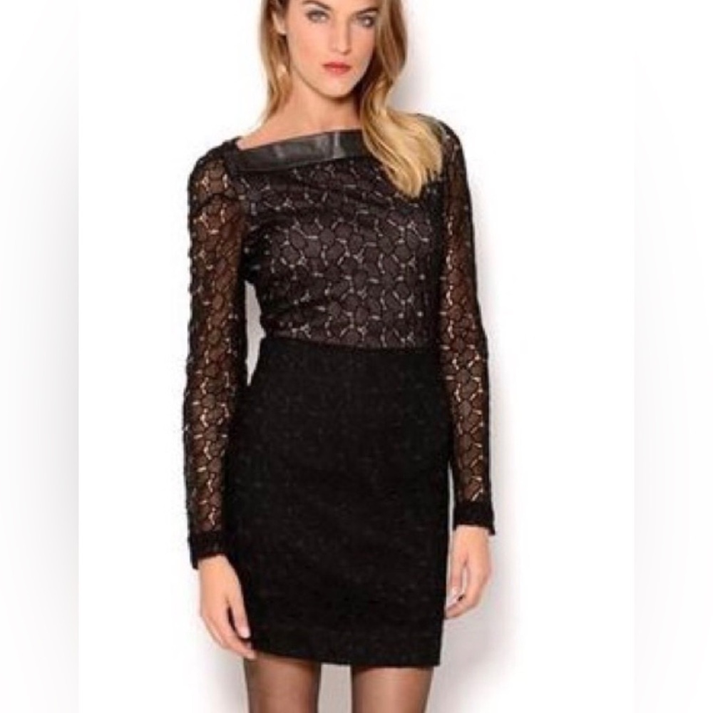NWT! Diane Von Furstenberg Black New Sarita Pebble Lace Leather Trim Dress
